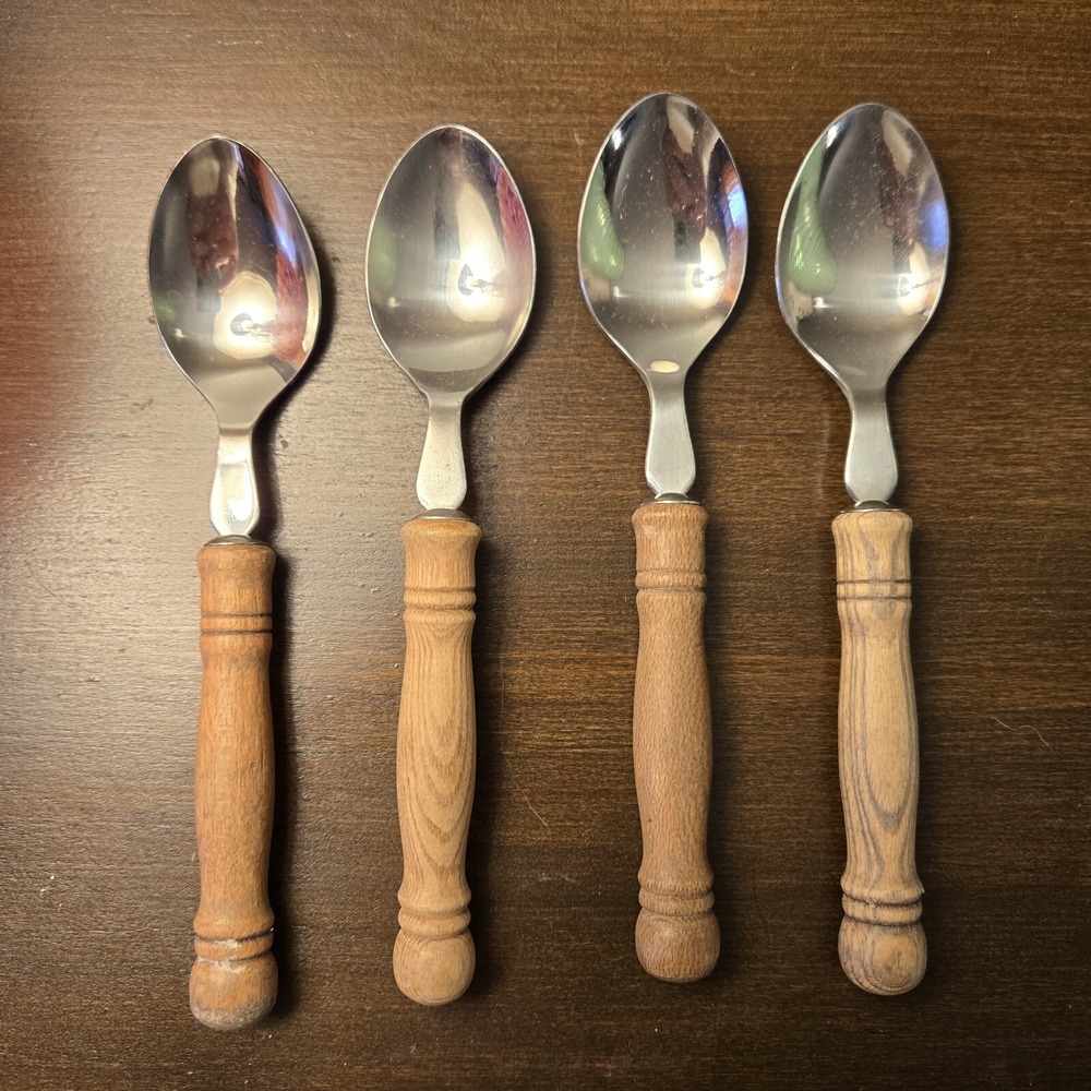 Set‎ Of 4 Wood Rounded Handles Stainless Steel Vintage Taiwan Teaspoons